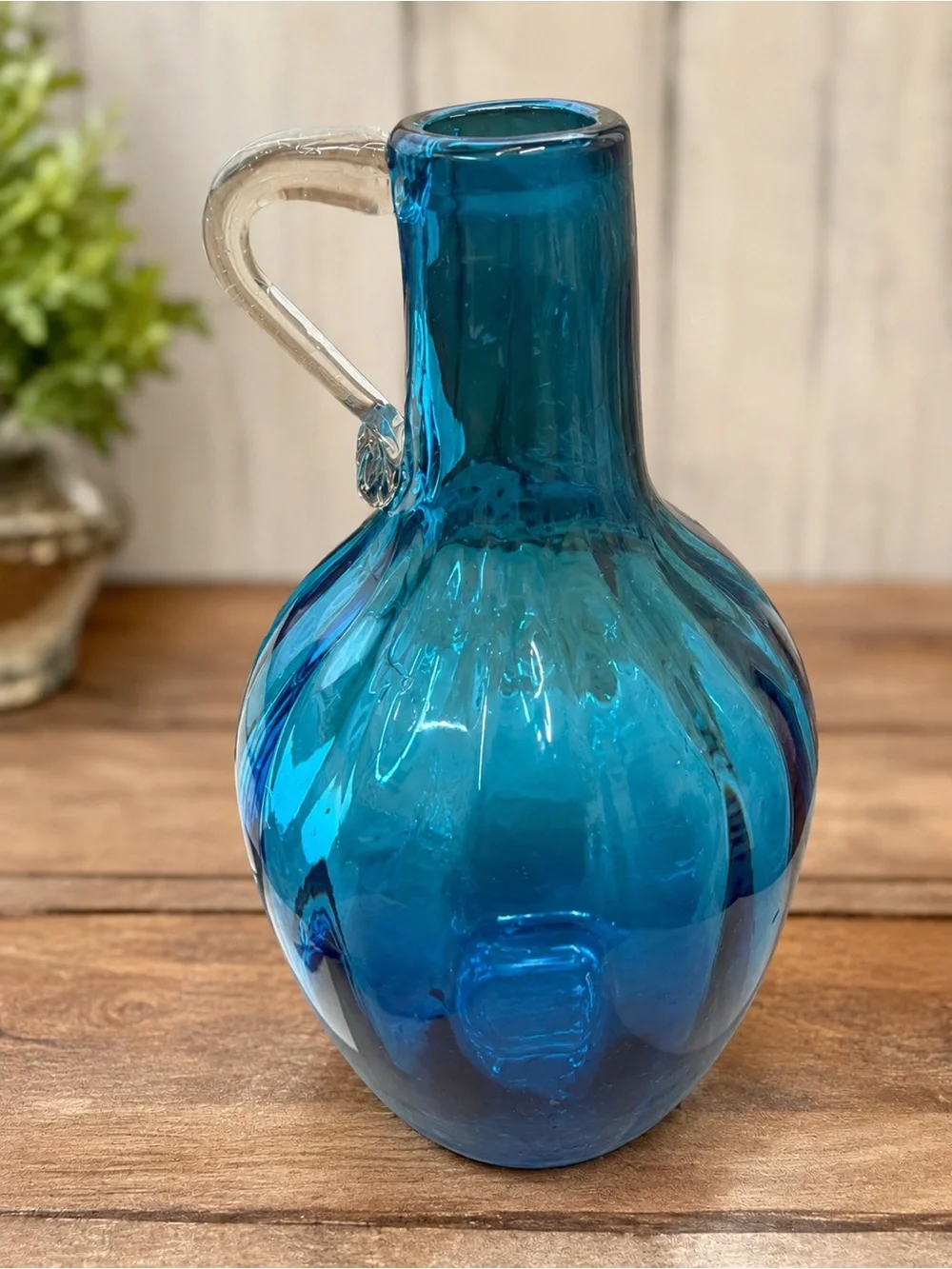 Vintage Cobalt Blue Art Glass Jug Vase Clear Applied Handle Hand Blown 8”